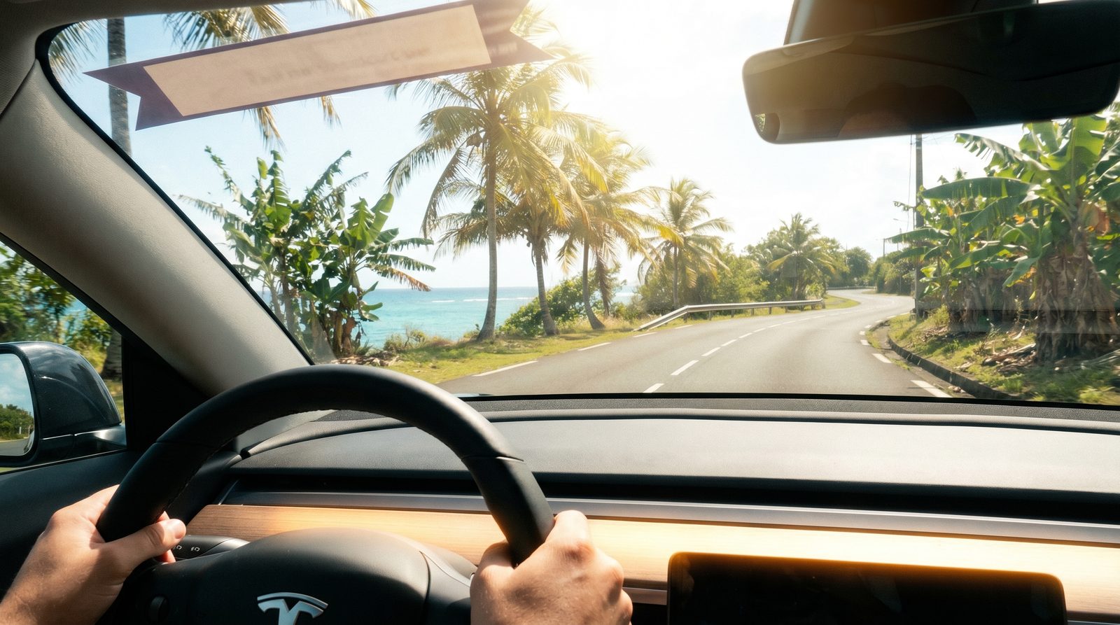 Vue du conducteur sur une route tropicale bordée de palmiers en Guadeloupe